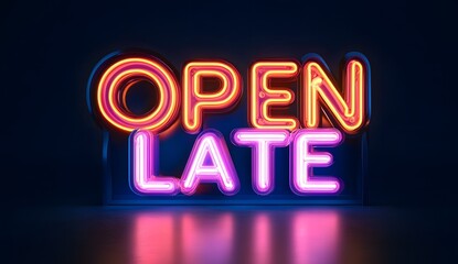 Neon sign with text "OPEN LATE" isolated on a black background, 3D rendered illustration, vibrant colors, hyper-realistic, and detailed.