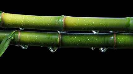 Fototapeta premium Bamboo Leaves with Water Droplets on Black Background.
