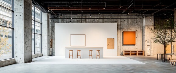 Empty modern gallery space. Concrete walls, large windows, bar with stools, orange art
