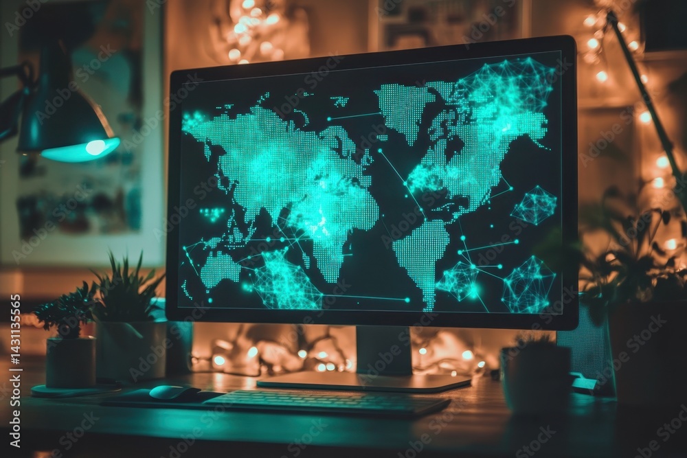Aufkleber bright digital world map on a computer screen displays interconnected global networks