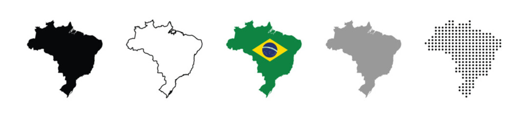 Brazil map vector icon set. Silhouette, states, regions, outline, flag, flat, dotted styles. Vector illustration