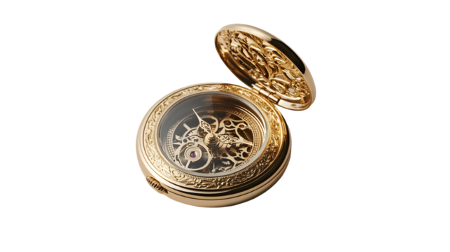 Exquisite gold pocket watch, intricate mechanism visible