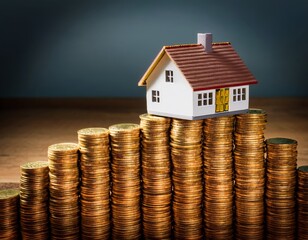 Small house positioned atop a large stack of golden coins