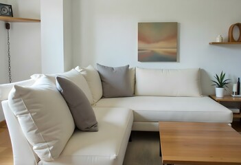 Fototapeta premium Living room with a white modular sofa, a wooden coffee table, a wooden shelf with decorations, and a painting on the wall, all in a minimalist style