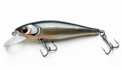 A detailed fishing lure with a sleek design, featuring reflective surfaces and sharp hooks, ideal for attracting fish in various water conditions.