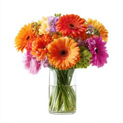 Gerbera daisy bouquet in vase isolated on white background