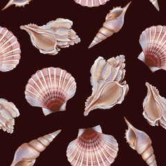 Marine summer themed seamless pattern on dark red background.  Pastel Seashells ornament.Ocean inspired marine design perfect for fabric prints, wallpapers, beach decor,wraping paper
