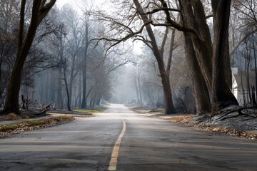 Obraz premium A Striking Depiction of Environmental Catastrophe with a Road Covered in Ash and Charred Trees