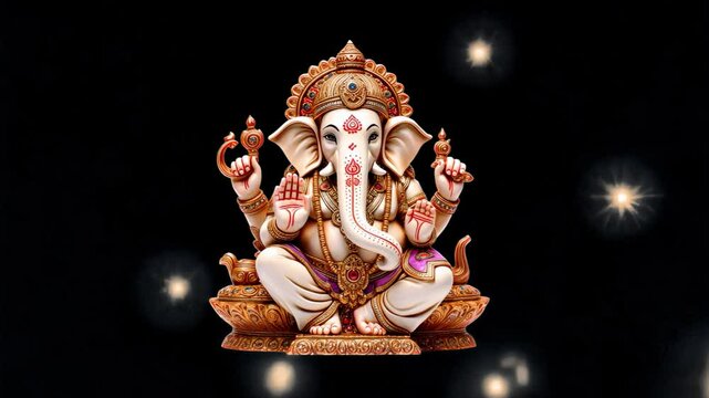 Divine Ganesha illustration animated overlay, transparent 4K video, alpha channel, ProRes 4444