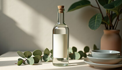 Water bottle label mockup. Glass water bottle label mockup with cork cap on dining table with sunlight