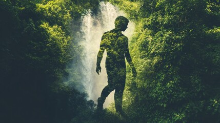 Obraz premium Creative Waterfall Illustration of a Human Figure Walking Through a Vibrant Forest, Embodying the Essence of Nature Generative AI