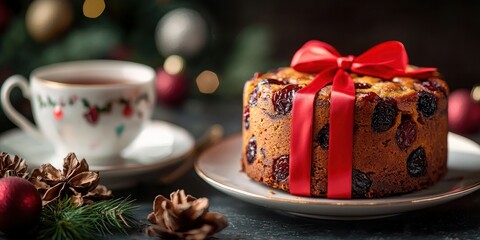 A traditional Christmas fruitcake wrapped in festive red ribbon, served with a cup of tea