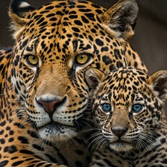 Obraz premium Close-up of a jaguar mother and cub. The mother has a serious expression. The cub has striking blue eyes.