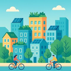 Obraz premium Vibrant eco city with green rooftops and bicycles