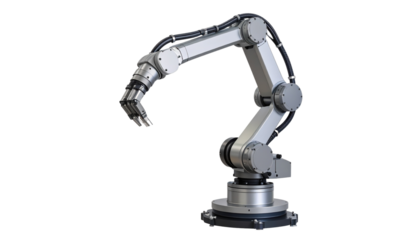 Futuristic Metallic Robotic Arm with Hydraulic Tubes on White Background
