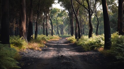Obraz premium A Scenic Dirt Road Surrounded by Nature and the Threat of Uncontrolled Forest Fires