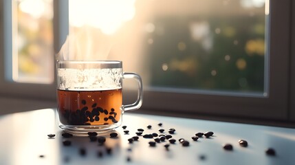 Close-up of a steaming glass mug with black coffee and scattered coffee beans on a white table, 