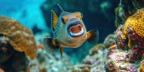A triggerfish defending its territory near the seabed, its sharp teeth and expressive eyes making it look fierce