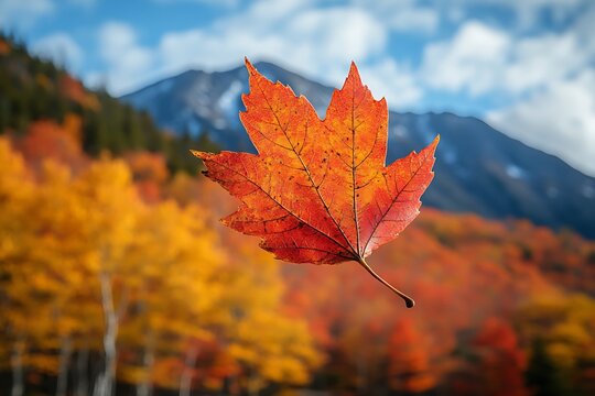 Vibrant autumn leaf against a backdrop of colorful foliage and mountains.