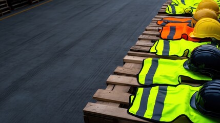 Safety gear including vests and helmets neatly arranged on wooden pallets in a construction area