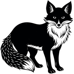 Obraz premium Black and White Illustration of a Fox Standing with Bushy Tail