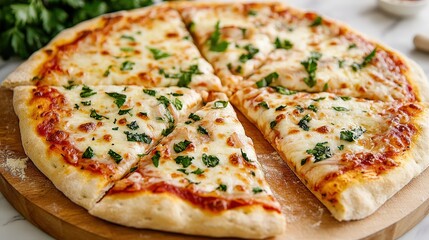 A delicious pizza topped with melted cheese and fresh herbs, sliced into equal pieces, resting on a wooden board.