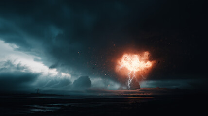 Fototapeta premium a dramatically intense scene of multiple atomic-style explosions erupting across a scorched landscape