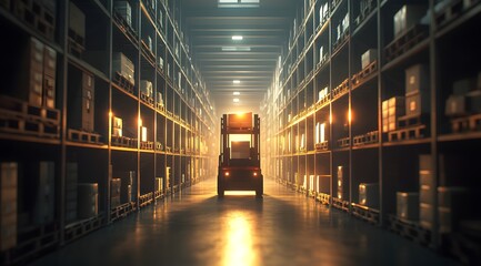 Fototapeta premium Forklift with a light in a warehouse, lifting a box of goods between rows of shelves full of boxes. 