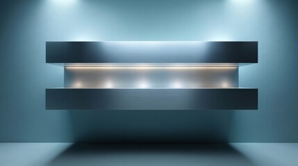 Modern Minimalist Display Shelf with Soft Lighting on Blue Wall Background