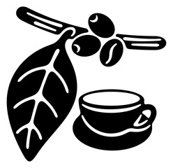 Coffee branch with ripe cherries and beans. Cup of freshly brewed coffee, illustration