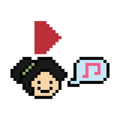 Fototapeta premium Cartoon pixel character cute woman exercises dance lifestyle listen music love decoration life style 8 bit female girl listen to music game 8bit sing song isolated PNG vector.