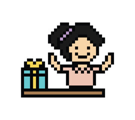 Obraz premium Cute pixel cartoon 8bit character woman give gift box birthday christmas bonus reward surprise decoration 8 bit female girl give gift box shopping bonus christmas day game png vector.