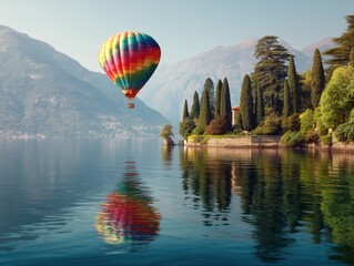 Serene Lake Como Vista with Colorful Hot Air Balloon Floating Above Reflective Waters and Majestic Mountains in the Distance on a Sunny Day