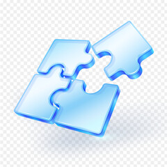 Modern 3D vector illustration of four blue glass glossy jigsaw puzzle pieces forming a square, isolated on a transparent background. Perfect for business teamwork, solution and strategy concepts.