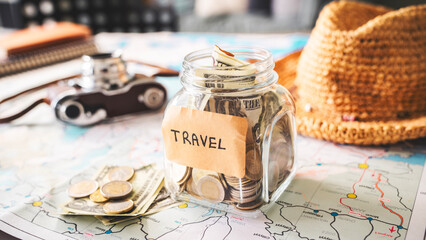 Saving money for travel and budget concept