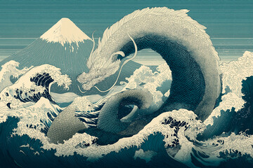 Ukiyo-e Style Leviathan Amid Crashing Ocean Waves and Mt. Fuji