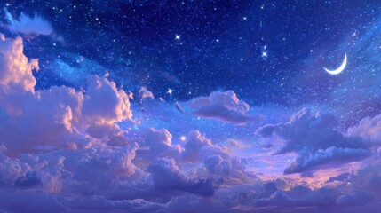 Fototapeta premium Ethereal nightscape with soft clouds illuminated by moonlight and starlight creating a dreamy celestial vista in deep blue and purple hues