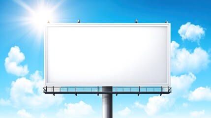 Fototapeta premium A large, blank billboard stands against a bright blue sky with fluffy clouds, illuminated by sunlight.