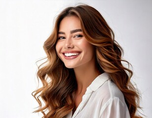 Naklejka premium 笑顔の若い女性, パーマ風, 柔らかい巻き髪, 自然光, 白いブラウス, 清潔感のある白背景, リアルな描写, 柔らかい光, シャープなフォーカス, 高精細, a smiling young woman, wavy hair, soft curls, natural lighting, white blouse, clean white background, realistic
