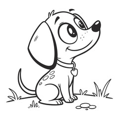 Black and white cartoon puppy with collar sitting in the grass