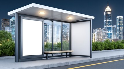 Fototapeta premium A modern bus stop with a sleek design, featuring a bench, bright lights, and a backdrop of a city skyline at night.