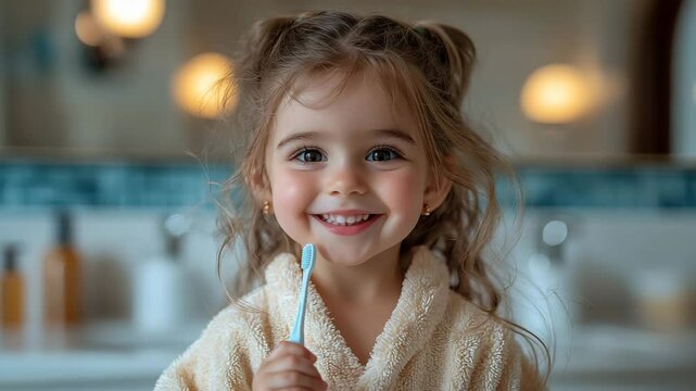 Smiling girl in robe brushing teeth in bathroom