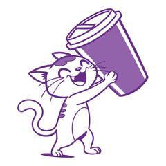Cute cartoon cat excitedly holding a large coffee cup illustration