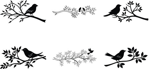 Obraz premium Tree branch with bird silhouette black vector art design set
