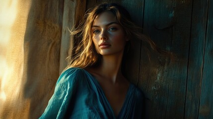 Fototapeta premium A young woman with long brown hair stands near a wooden wall, bathed in golden sunlight.