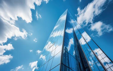 A sleek, modern skyscraper with reflective glass windows glistens under a bright blue sky, showcasing a vibrant urban landscape and a sense of grandeur.