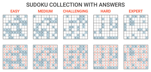 Collection of sudoku of varying difficulty with answers. Set of vector puzzles. Game of finding suitable numbers for development of logic and mathematics. Sudoku with different number of open elements