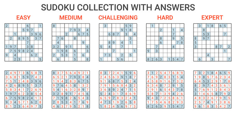Collection of sudoku of varying difficulty with answers. Set of vector puzzles. Game of finding suitable numbers for development of logic and mathematics. Sudoku with different number of open elements