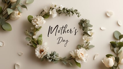 Minimal floral wreath of white flowers and green leaves on beige background with &ldquo;Mother&rsquo;s Day&rdquo; calligraphy, ideal for greeting card design and spring botanical branding