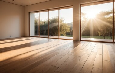 A bright room featuring polished wood floors, large windows that invite natural light, and a cozy atmosphere perfect for relaxation or creativity.